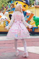 Pink [Macarons Dolly House] Square Collar Short Lantern Sleeves Printed Bow Sweet Lolita Dress - Product - 5