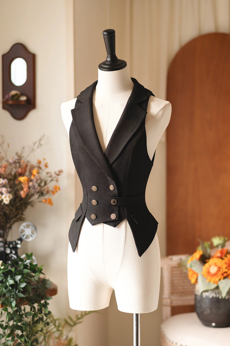 Black V Collar Sleeveless Classic Vintage Ouji Lolita Vest - Black - 1