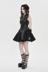 Black Off Shoulder Sleeveless Printed Spliced Lace Lace-Up Pleated Women's Gothic Dress - Product - 4