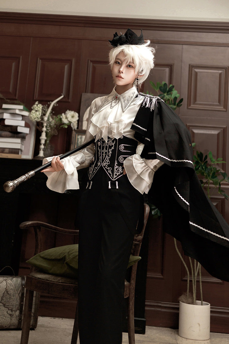 Black/White Embroidery Asymmetric Gothic Prince Handsome Ouji Lolita Set - Product - 11
