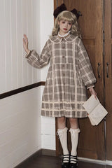 Light Brown Doll Collar Long Sleeves Multi-layer Print Bowknot Sweet College Style Lolita Dress Coat - Product - 3