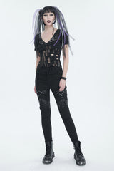 Black V Neck Stretch Destroyed Faux Leather Metal Ring Women's Punk T-Shirt - Product - 3