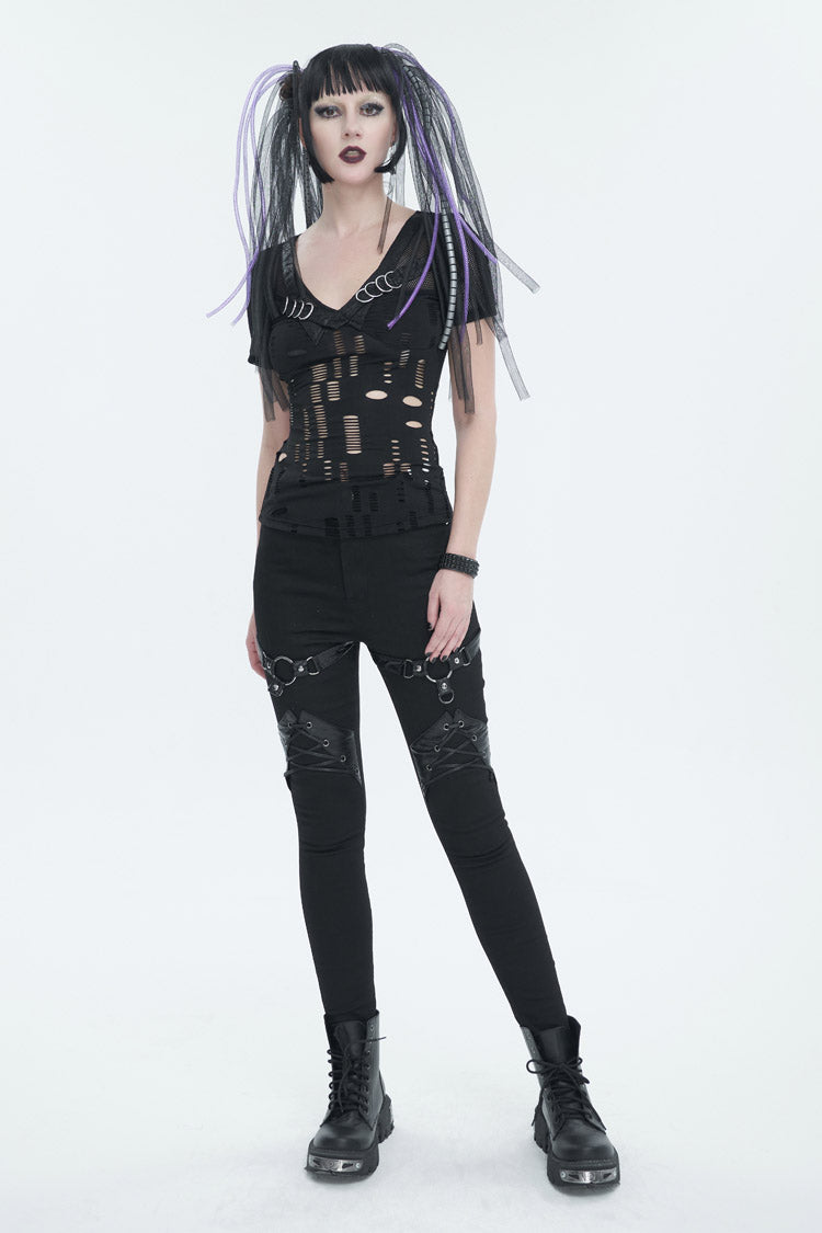Black V Neck Stretch Destroyed Faux Leather Metal Ring Women's Punk T-Shirt - Product - 3