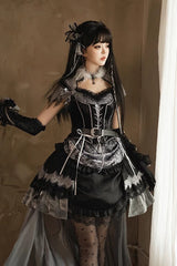 Black [Dark Night Rose] Short Sleeves Print Ruffle Bowknot Lace Asymmetric Gothic Lolita Dress - Product - 9