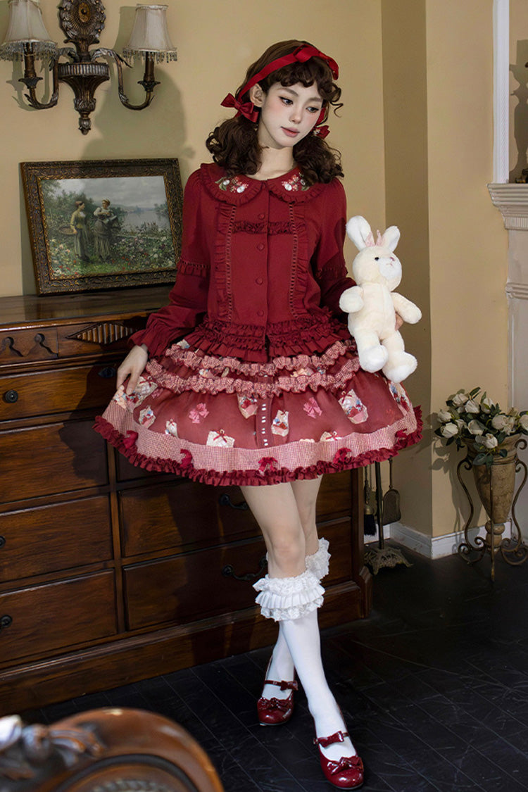 Red [Bell Strawberry Farm] Print Ruffle Embroidery Sweet Lolita Skirt - Red - 1