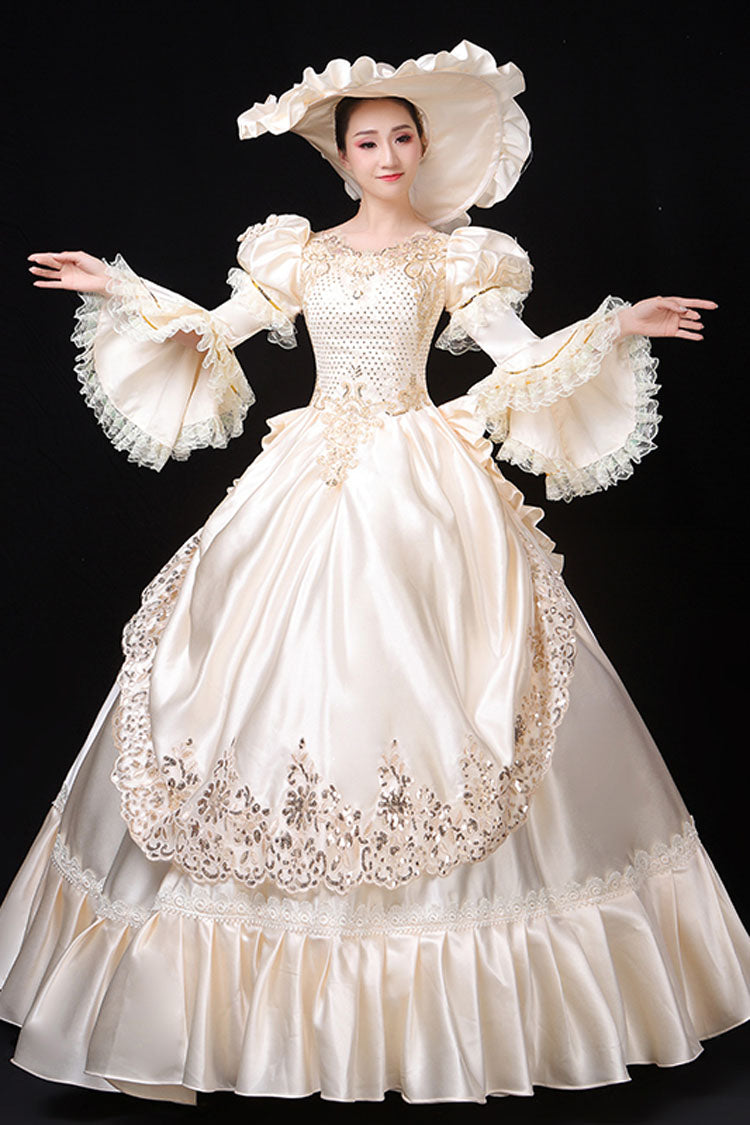 White Court Style High Waisted Flowers Decoration Hime Sleeves Victorian Lolita Prom Dress - Product - 2