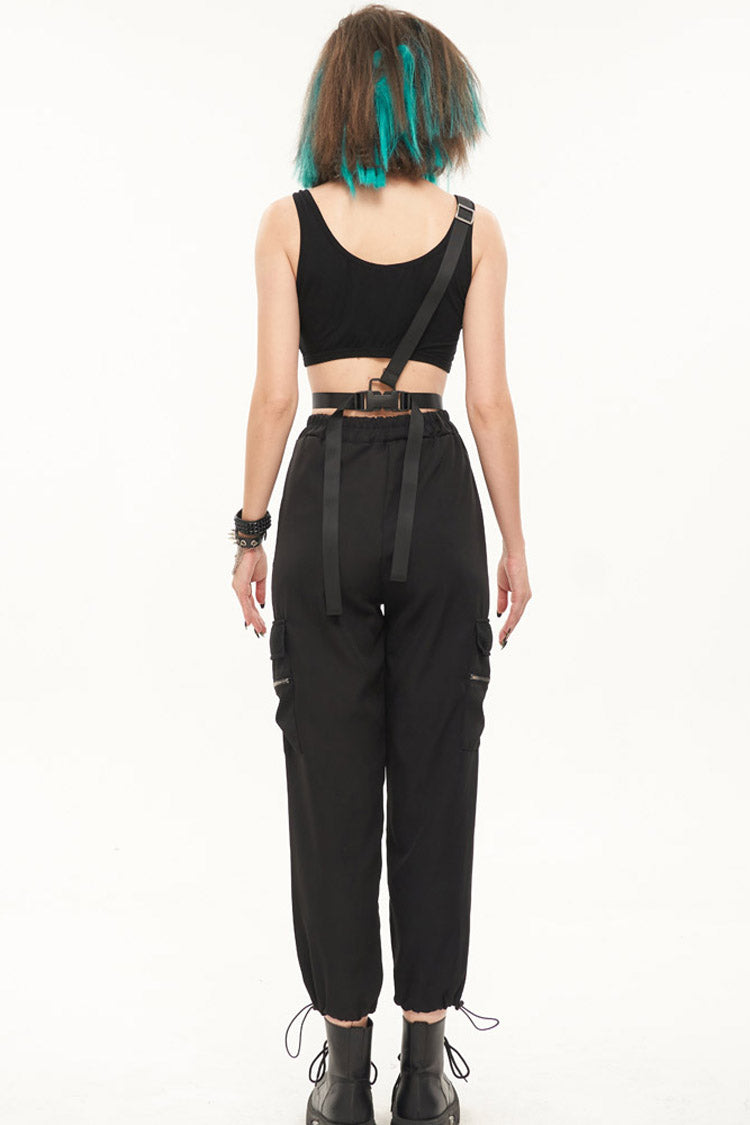 Black Punk Casual Single Shoulder Multiple Pockets Skull Head Decoration Strap Women's Pants - Product - 7