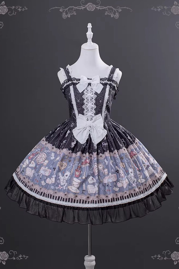 Black [Alice’s Fantasy Tale] Square Collar Sleeveless Printed Bow Gothic Lolita Dress - Product - 3