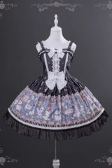 Black [Alice’s Fantasy Tale] Square Collar Sleeveless Printed Bow Gothic Lolita Dress - Product - 3