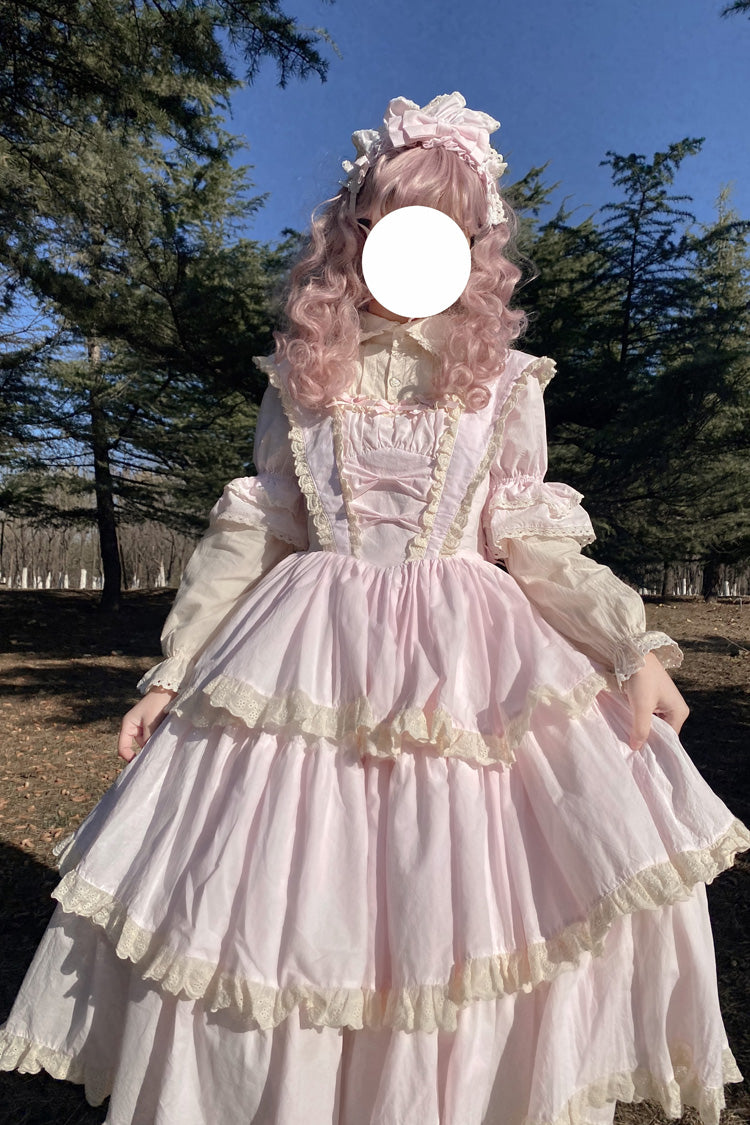 Pink Lapel Collar Long Sleeves High Waisted Multi-layer Bowknot Sweet Lolita Dress - Product - 4