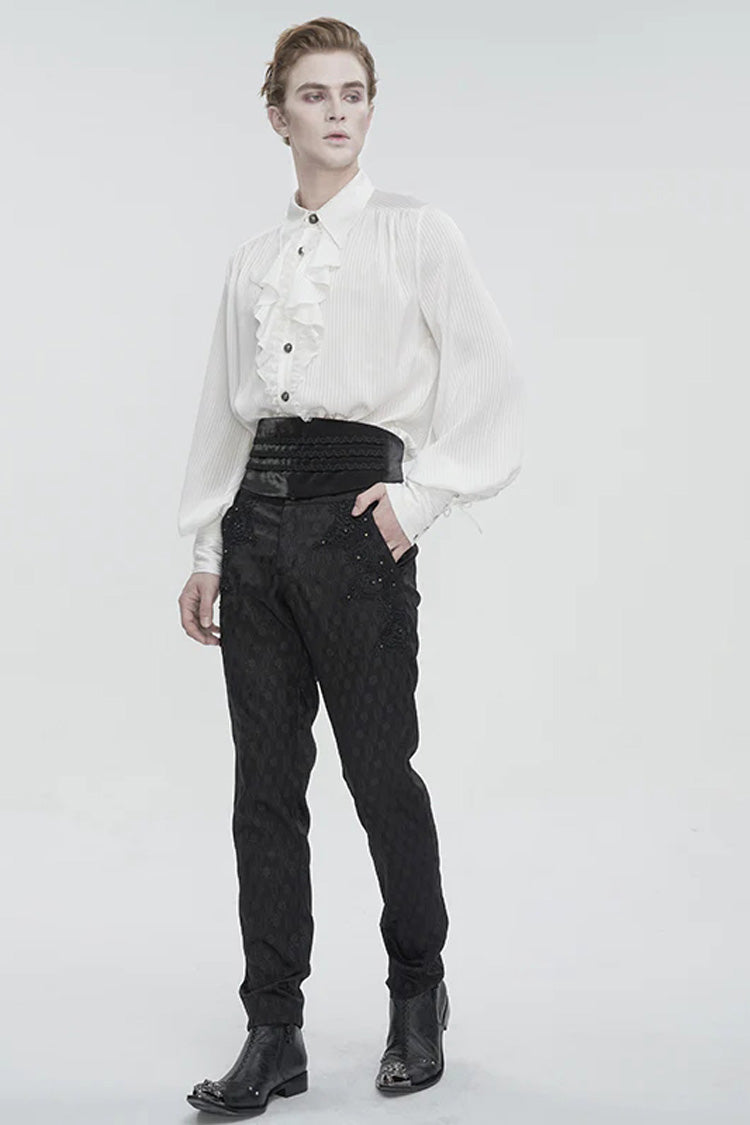 White Puff Sleeved Ruffled Lace Splice Men's Gothic Shirt - Product - 2