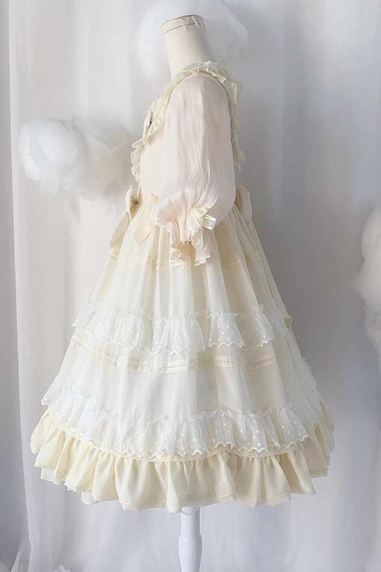 Beige Lace Cool Angel Short Sleeves Bowknot Ruffle Sweet Lolita Dress - Product - 4