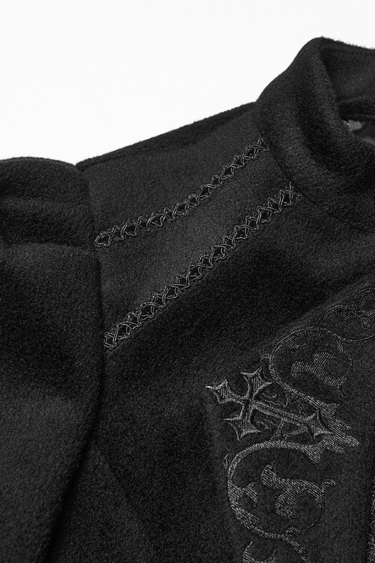 Black Stand Collar Long Sleeves Embroidered Lace-Up Zippered Women's Gothic Jacket - Product - 6