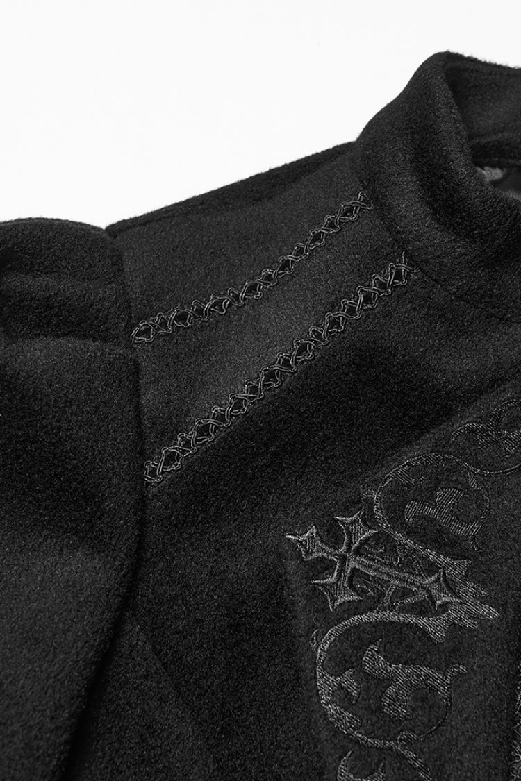Black Stand Collar Long Sleeves Embroidered Lace-Up Zippered Women's Gothic Jacket - Product - 6
