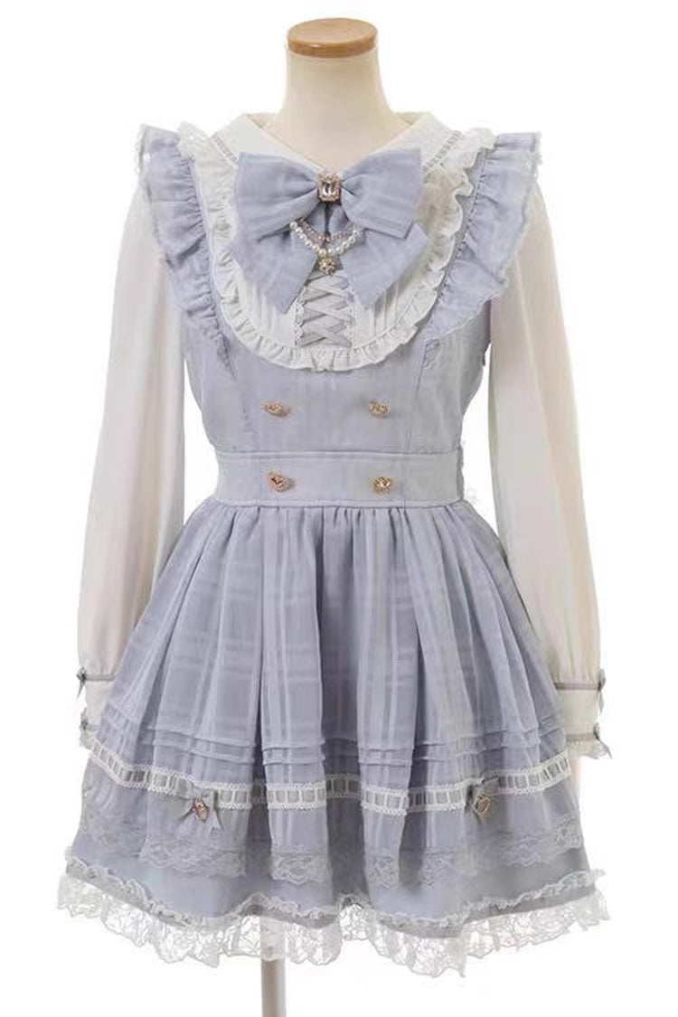 Jirai Kei Long Sleeves Print Ruffle Bowknot Lace-Up Dress 3 Colors - Light-Blue - 1