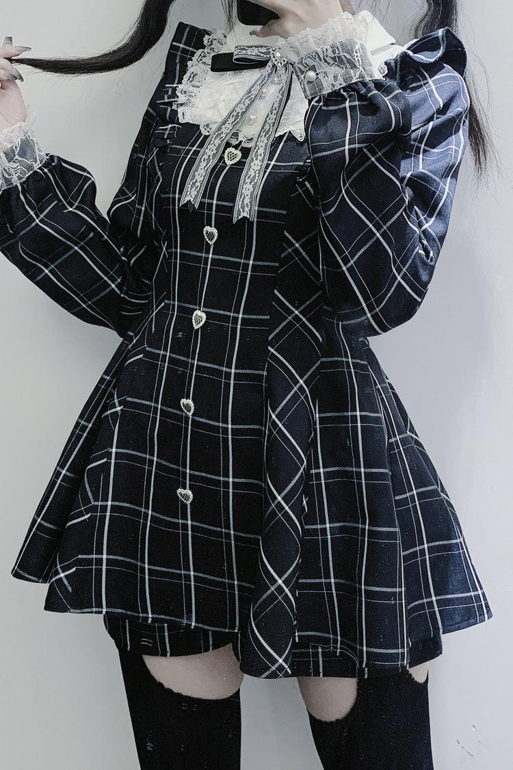 Black/White [Heart-beating Limited] Long Sleeves Plaid Print Print Bowknot Lace Gothic Jirai Kei Dress Set - Product - 2