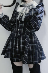 Black/White [Heart-beating Limited] Long Sleeves Plaid Print Print Bowknot Lace Gothic Jirai Kei Dress Set - Product - 2