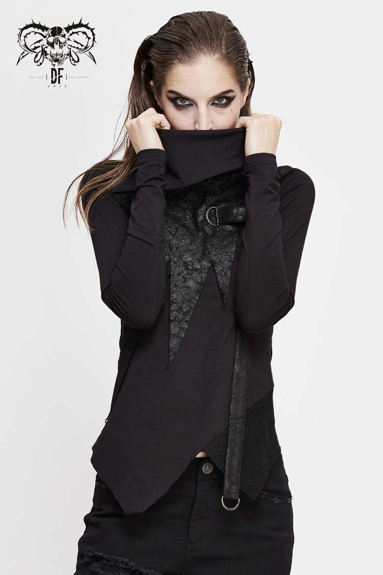 Black Worn Out Cross Shaped Hasp Long Sleeve High Collar Asymmetric Hem Women's Punk T-Shirt - Product - 2