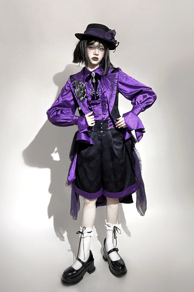 Black/Purple [Moonlit Return] Jacquard Printed Lace-Up Gothic Elegant Ouji Lolita (Blouse/Pants/Shorts/Vest) - Product - 4