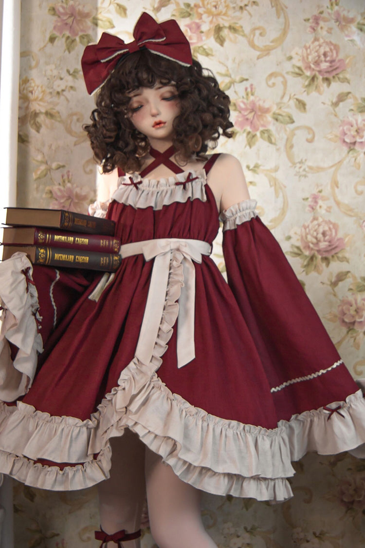 Red [Monet Estate] Sleeveless High Waisted Ruffle Bowknot Asymmetric Gothic Lolita Jsk Dress - Product - 2