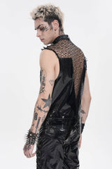 Black Spliced Mesh Studded Buckled Zippered Chain-Decorated Eyelet Men's Punk Cool Vest - Product - 11