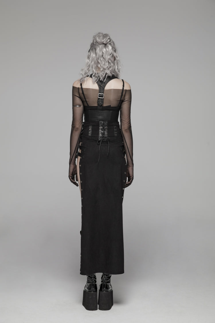 Black Metal Buckle PU Leather Buckle Lace-Up Sheer Women's Steampunk Long Skirt - Product - 4
