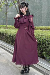 Rose Red Stand Collar Off Shoulder Long Sleeves Hollow Bowknot Slim Jirai Kei Japanese Dress - Product - 4