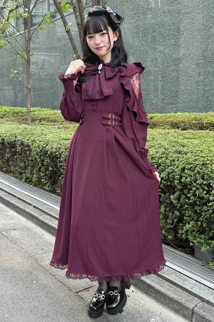 Rose Red Stand Collar Off Shoulder Long Sleeves Hollow Bowknot Slim Jirai Kei Japanese Dress - Product - 4