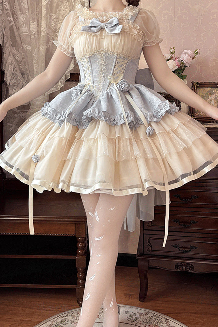 Blue/Ivory Dance of Time Triple-Layered Ballet Style Bowknot Lace-Up Sweet Lolita Jsk Dress - Product - 3