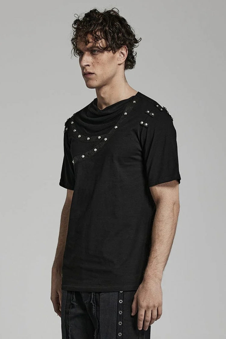 Black Short Sleeves Asymmetric Mens Daily Steampunk T-Shirt - Product - 2