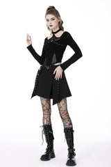 Black Halterneck Long Sleeves Eyelet Mesh Splice Women's Punk Crop Top - Product - 2