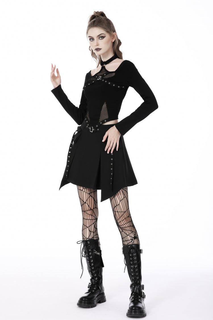 Black Halterneck Long Sleeves Eyelet Mesh Splice Women's Punk Crop Top - Product - 2