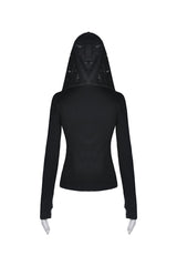 Black Women's Punk Long Sleeves Cut-Out Cross Connection Front Hooded Top - Product - 12