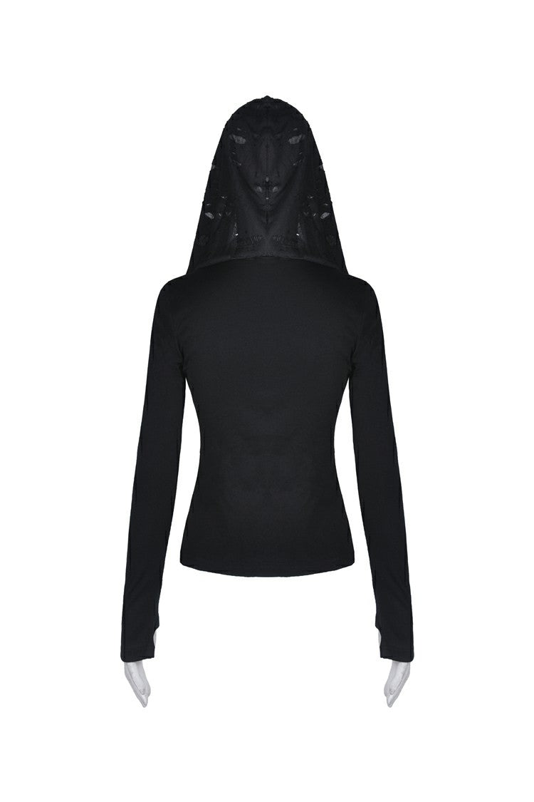 Black Women's Punk Long Sleeves Cut-Out Cross Connection Front Hooded Top - Product - 12