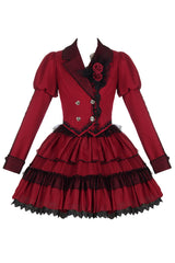 Red Gothic Punk Long Sleeves Removable Corsage Lolita Skirt Set - Product - 5