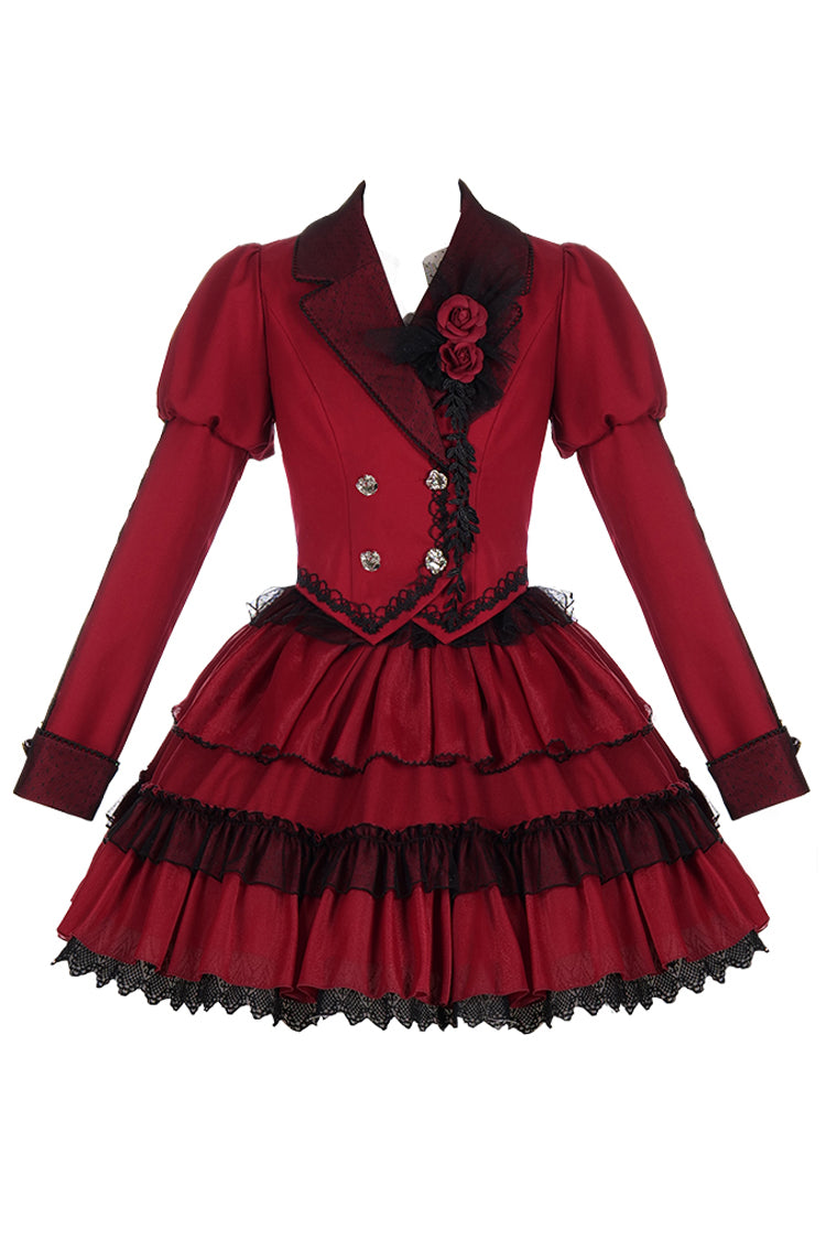 Red Gothic Punk Long Sleeves Removable Corsage Lolita Skirt Set - Product - 5