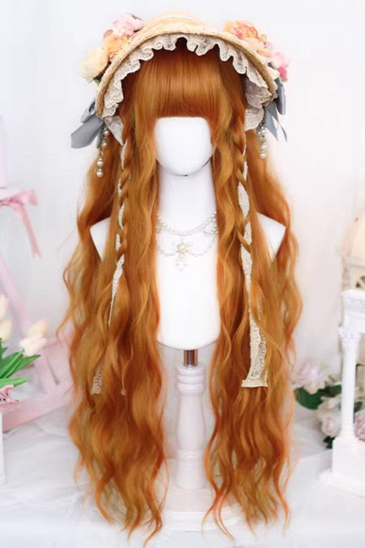 Orange Brown Long Wavy Wig Blunt Bangs Sweet Daily Lolita - Orange-Brown - 1