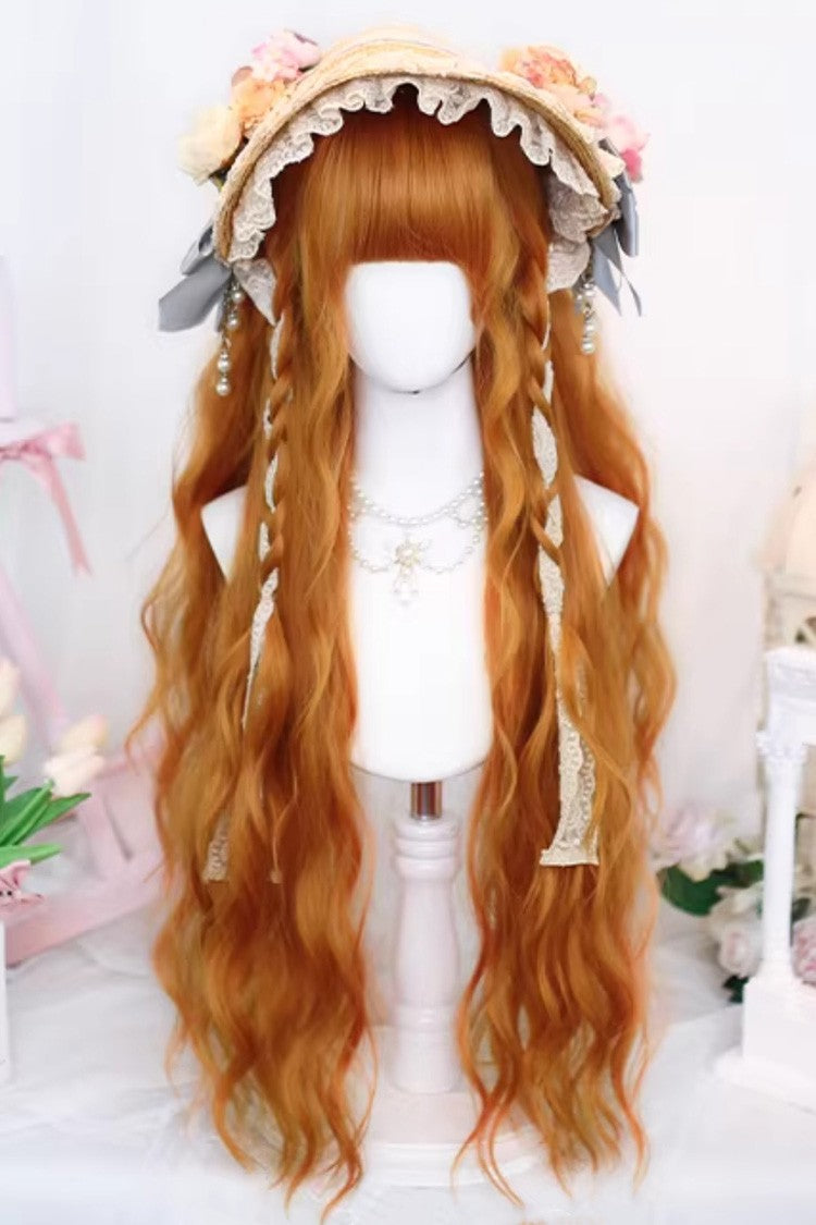 Orange Brown Long Wavy Wig Blunt Bangs Sweet Daily Lolita - Orange-Brown - 1