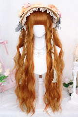 Orange Brown Long Wavy Wig Blunt Bangs Sweet Daily Lolita - Orange-Brown - 1