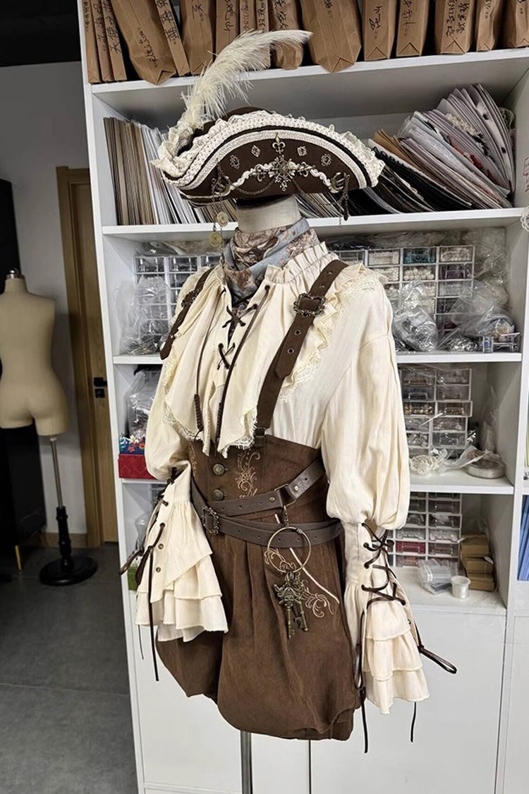 Pirate Series Navigation Treasure Hunting Guide High Waisted Embroidery Ouji Handsome Lolita Shorts 2 Colors - Brown - 2