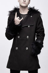 Black Cape Collar Punk Long Mens Coat With Fur - Black - 1