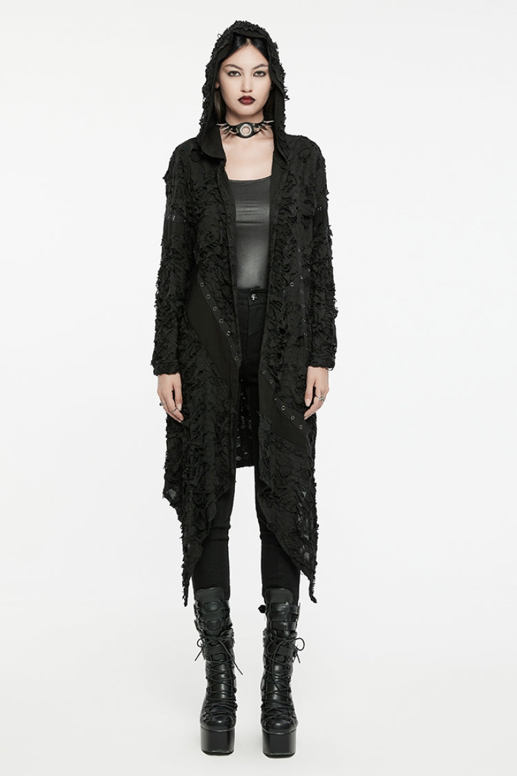 Black Ruffle Hooded Ripped Asymmetric Women's Punk Long Coat - Black - 1