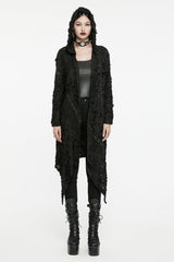 Black Ruffle Hooded Ripped Asymmetric Women's Punk Long Coat - Black - 1