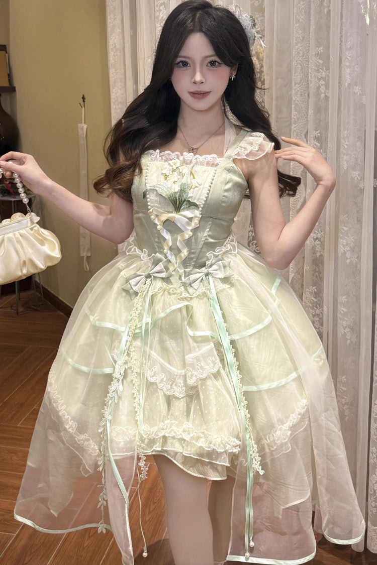 Green Lily of the Valley Summer Polka Dot Print Ruffle Bowknot Lace-Up Sweet Princess (Set) detail view 3