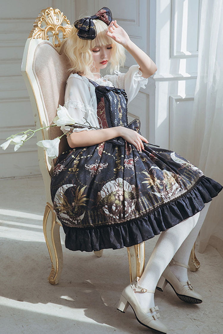 Dark Bule Bowknot Altar Of The Month Print Ruffled Classic Lolita Suspender Dress - Product - 4