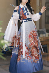 Multi-Color Original Chinese Han Dynasty Pipa Printed Classic Hanfu Dress Full Set - Multi-Color - 1