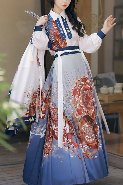 Multi-Color Original Chinese Han Dynasty Pipa Printed Classic Hanfu Dress Full Set - Multi-Color - 1