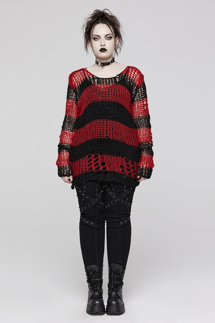 Round Collar Striped Print Irregular Ripped Women's Gothic Sweater 4 Colors - Product - 28
