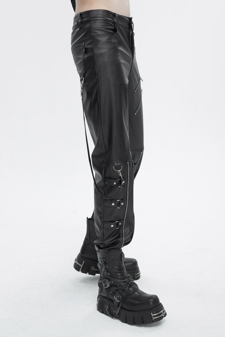 Black Removable Right Side Zipper Faux Leather Men's Punk Pants - Product - 3