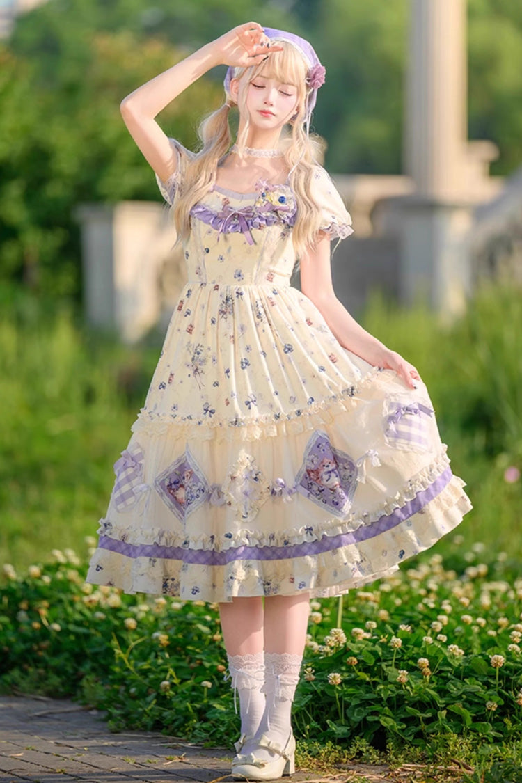 Purple/Ivory Blueberry Pie Print Short Sleeves Ruffle Bowknot Sweet Lolita Dress - Purple/Ivory - 1